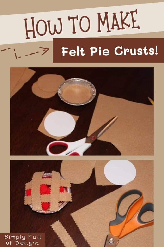 How to make felt pie crusts - cardstock circle on top of felt, pinking shears cutting felt pie strips