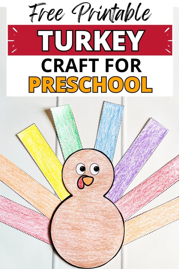 Free printable turkey craft for preschool, - paper turkey completed colored with rainbow feathers