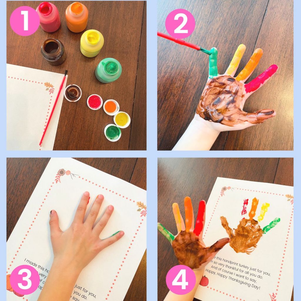 1. paint2. child's hand being painted3. printing the child's hand on the page4. the completed handprint on the page