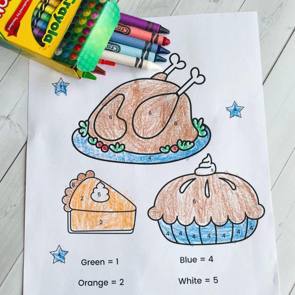 color by number page featuring Thanksgiving feast