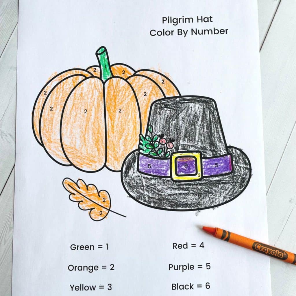Pilgrim hat and pumpkin color by number page for Thanksgiving