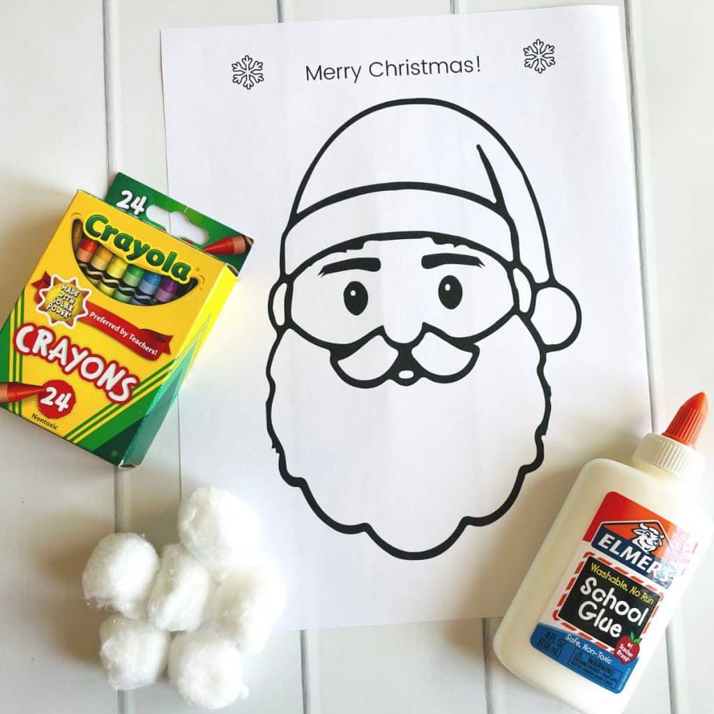 supplies for easy santa craft including free printable Santa template, crayons, glue and cotton balls