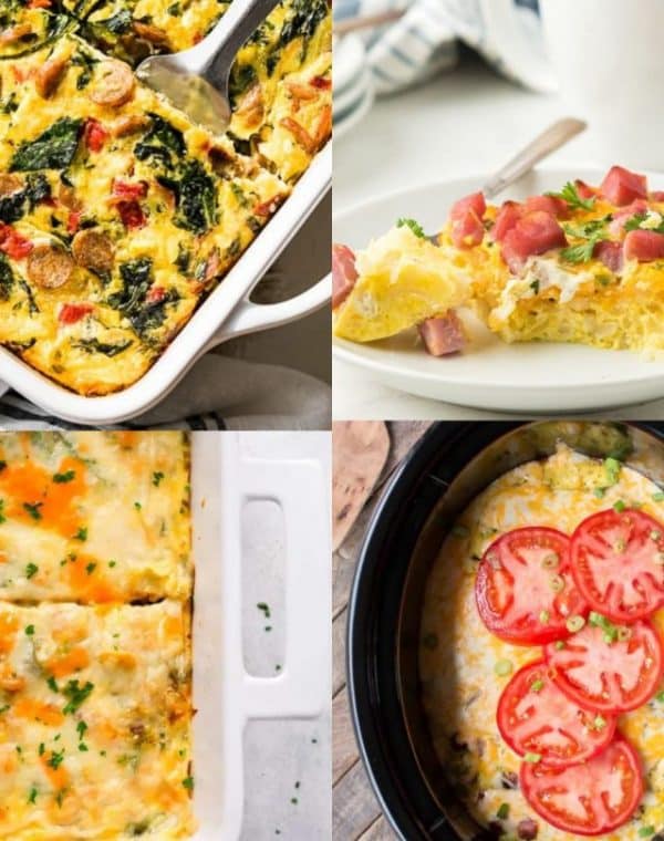 gluten free breakfast casseroles - a variety of breakfast casseroles shown topped with fresh veggies.