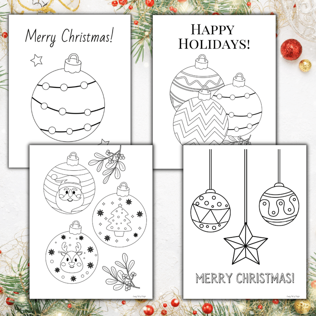 Christmas ornament coloring pages for kids - 4 pages of Christmas ornaments to color