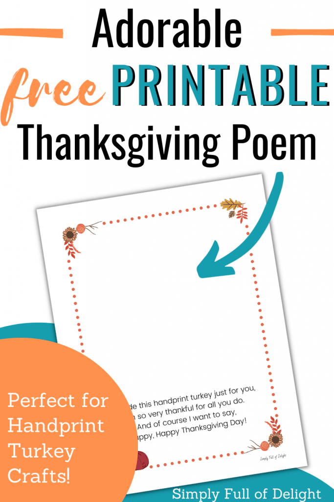 adorable free printable Thanksgiving poem - perfect for Handprint turkey crafts