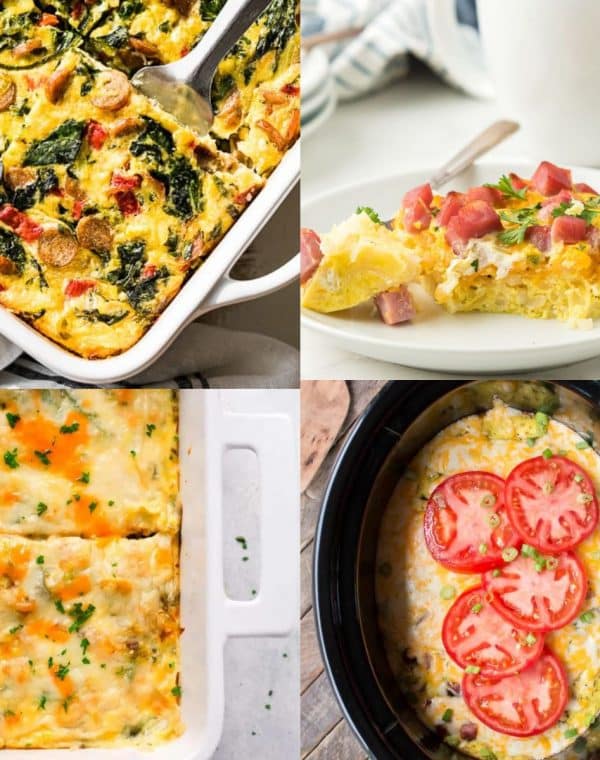 gluten free breakfast casseroles - a variety of breakfast casseroles shown topped with fresh veggies.