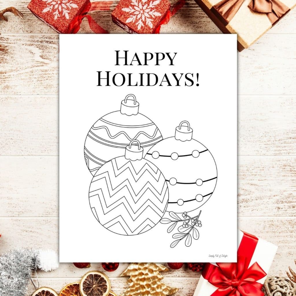 Happy Holidays Christmas ornaments coloring sheet