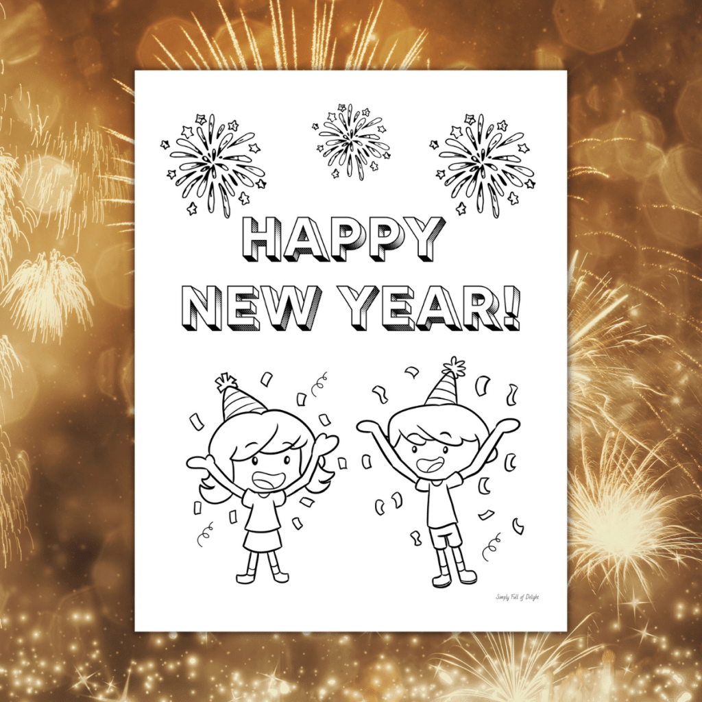 Happy New Year coloring page featuring a boy and girl with party hats and confetti and the words Happy New year