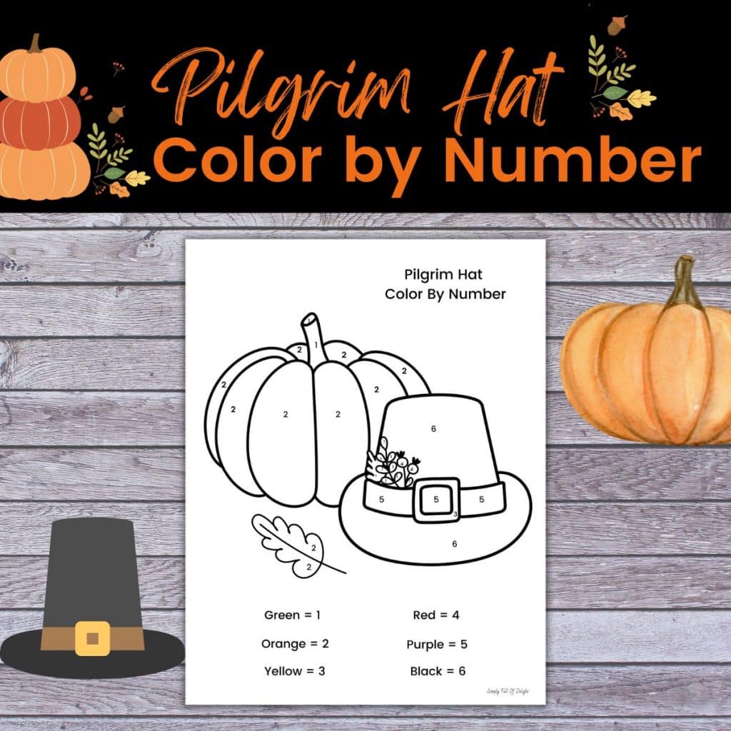 pilgrim hat color by number free printable for Thanksgiving