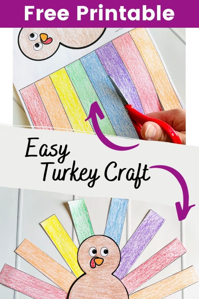 Free pritntable easy turkey carft - craft shown being cut out, then completed turkey craft 