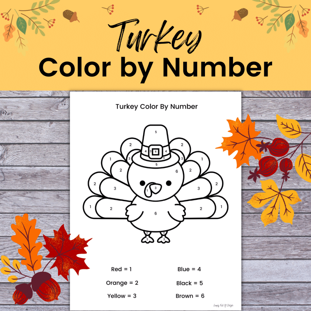 turkey color by number printable for Thanksgiving surrounded by fall leaves