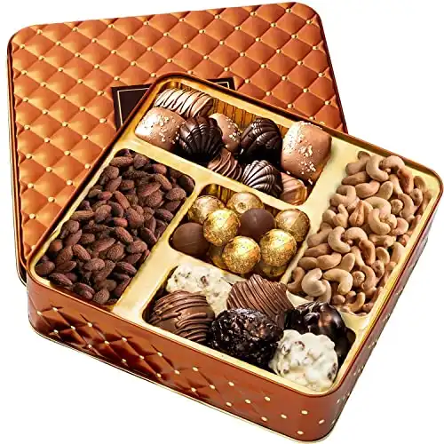 Assortment Gift Basket- Chocolate and Nuts Gift Tin for Fast Prime Delivery- Gourmet Snack Variety Present in Keepsake Tray Best Gift Idea for Men, Women, Him, Her- Bonnie and Pop
