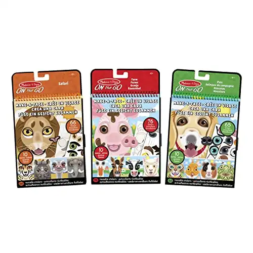 Melissa & Doug Make-a-Face Reusable Sticker Pad Animals 3-Pack (Safari, Farm, Pets) - Toddler Travel Toy Resuable Sticker Pads For Kids Ages 3+