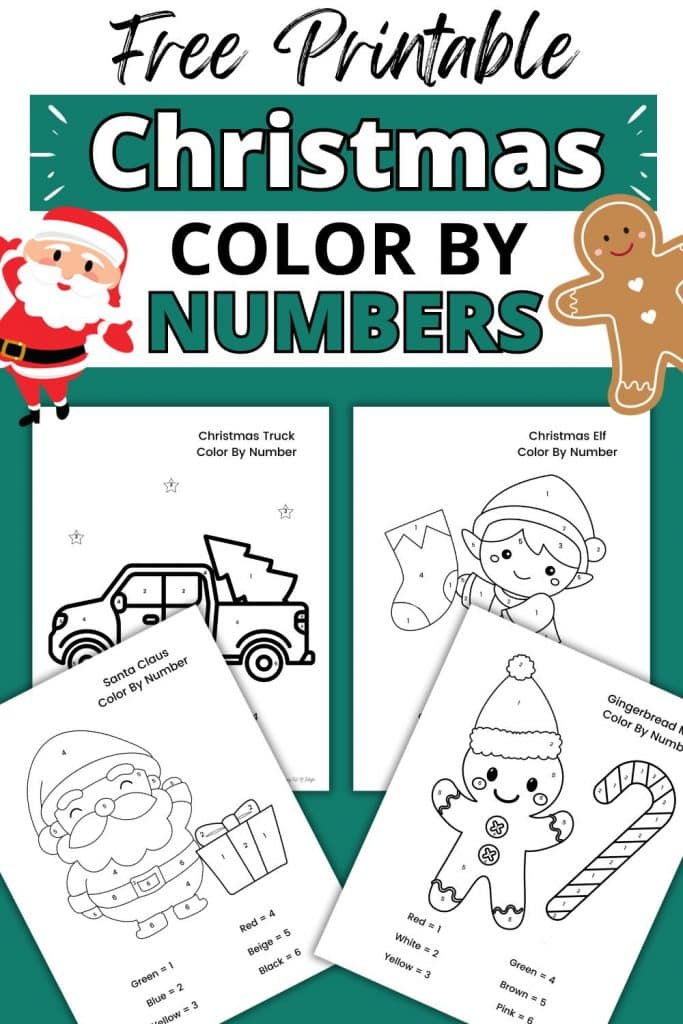 free printable Christmas color by number worksheets including an elf, Santa Claus, little red truck with tree, and a gingerbread man and candy cane.