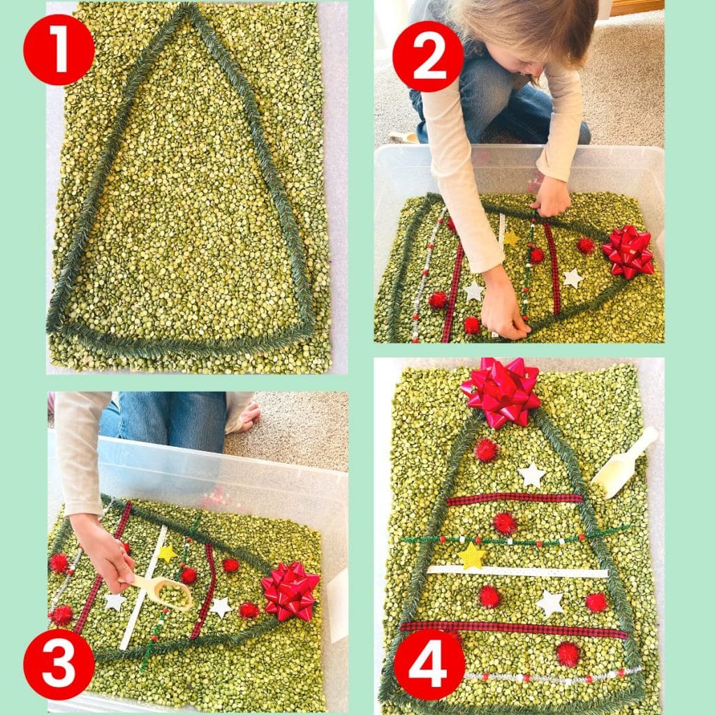 Christmas sensory bin - green split peas with greenery branches to form a Christmas tree, child works on  decorating with pom poms, ribbon, and more.