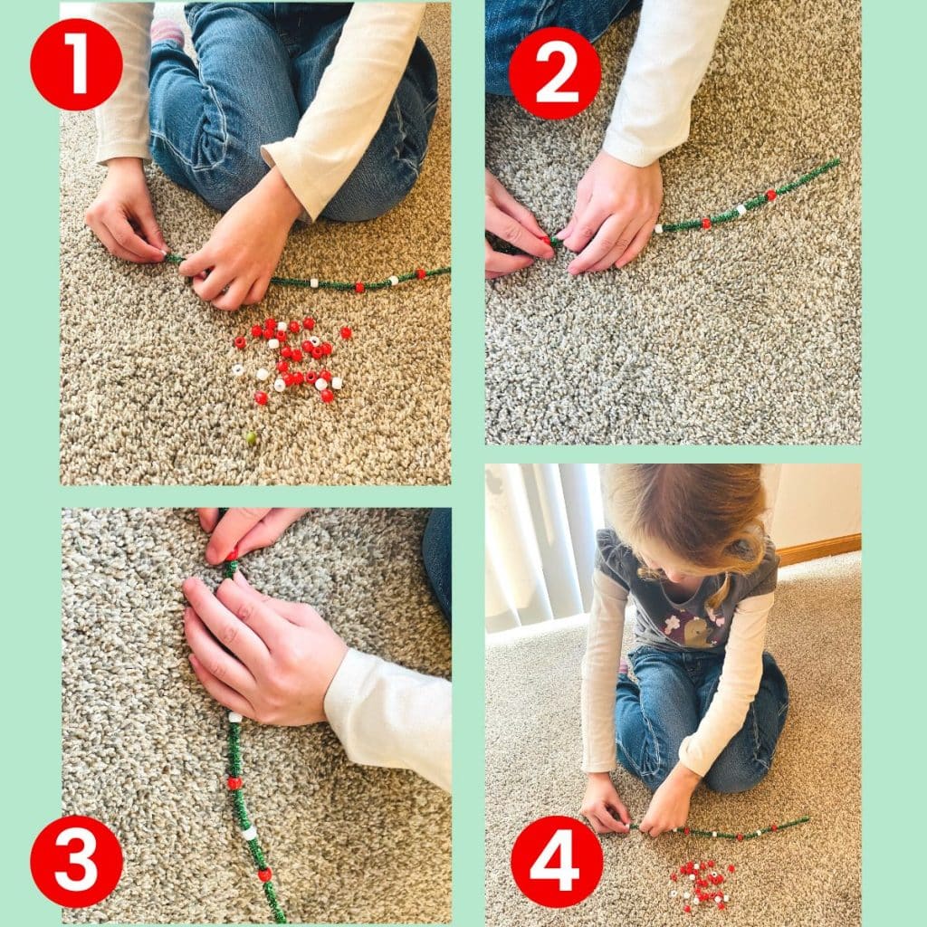 child threading pony beads onto pipe cleaner to make lights for tree