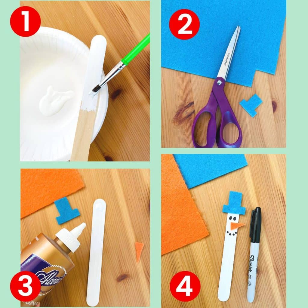 steps to make diy snowman ornament1) paint popsicle stick white2) Cut hat from felt3) glue on hat with tacky glue4) draw mouth and eyes with Sharpie