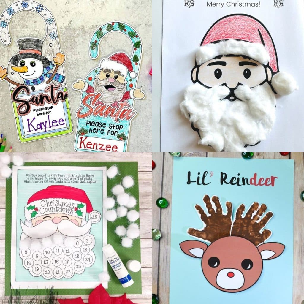 Free Preschool Christmas printables - hanprint reindeer, Santa countdown, cotton ball Santa and door hangers for Christmas
