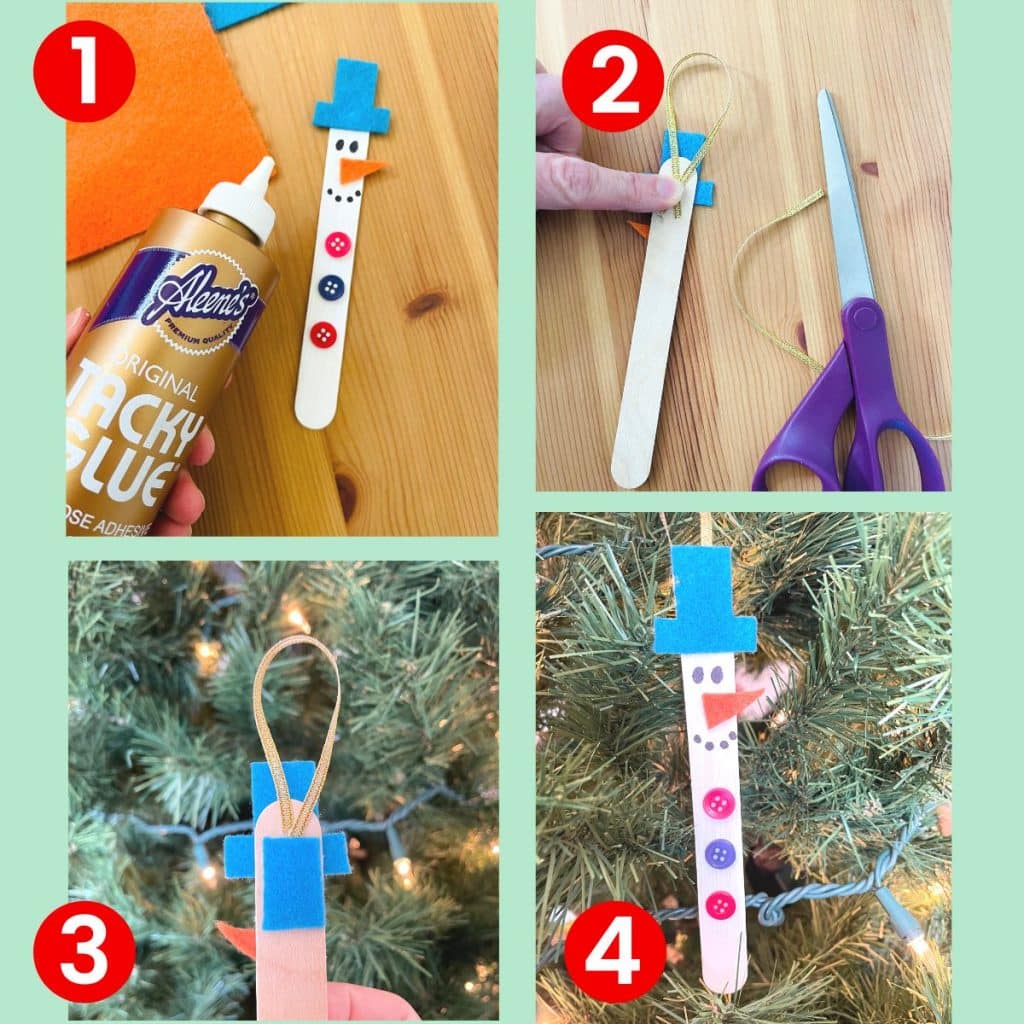 Steps to make DIY snowman Ornament- glue on buttons, attach ribbon to back of ornament, hang it!