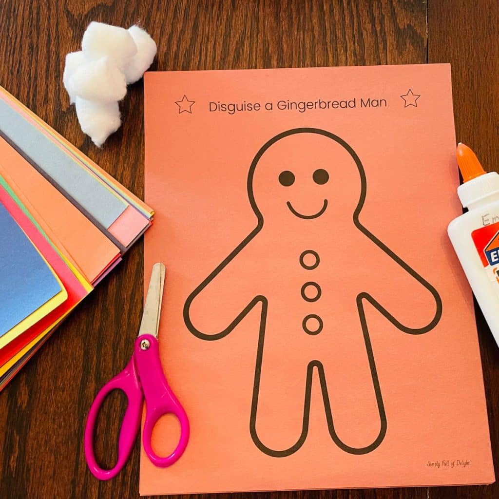 Disguise a Gingerbread man craft supplies including free gingerbread man template, scissors, glue, construction paper, cotton balls.