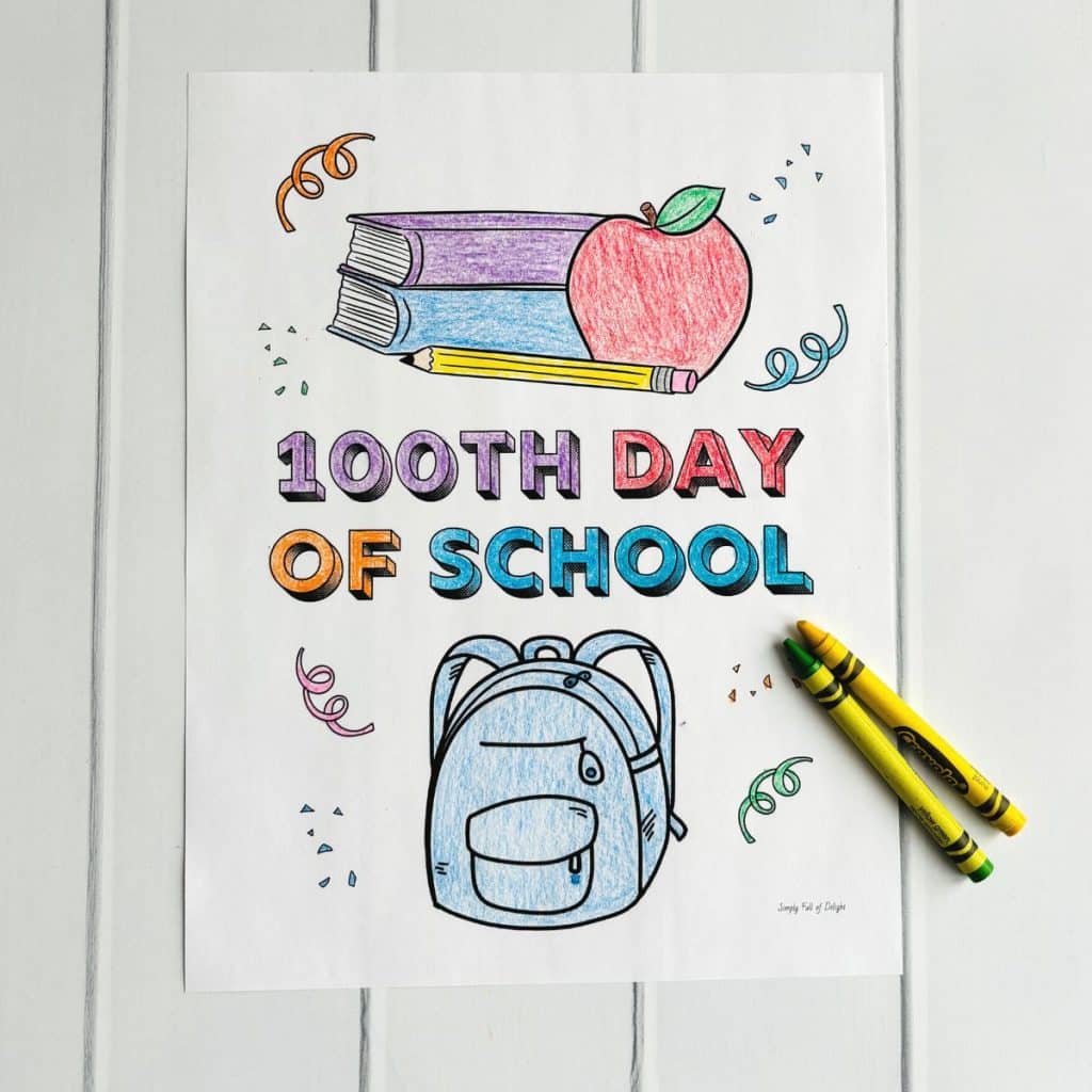 100th day of school coloring page - colored with crayons