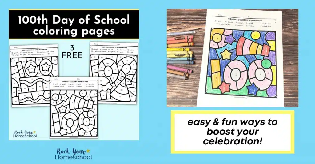 3 Free printable 100th Day of School Color by Number pages over at Rock Your Homeschool.  