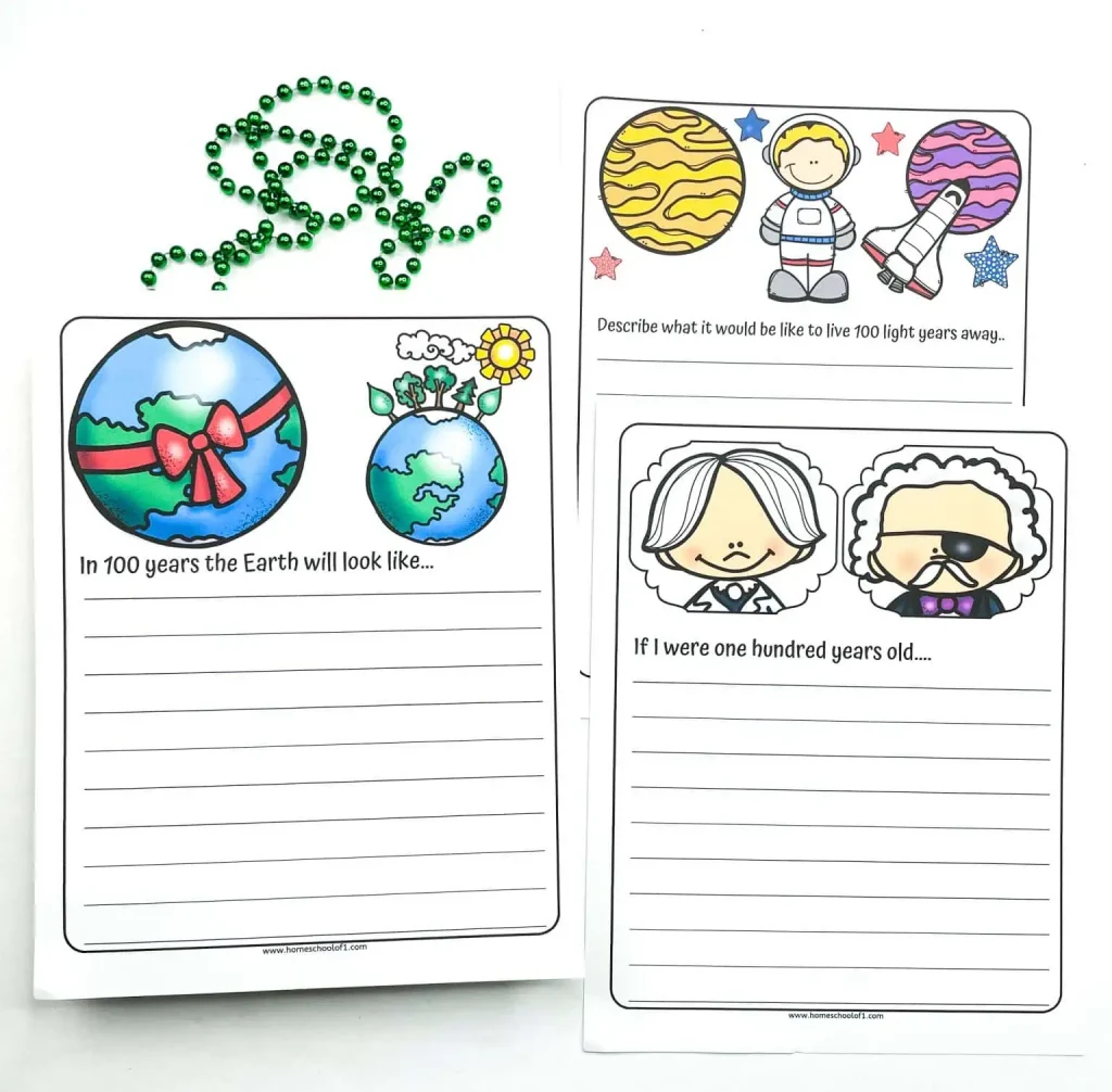 free writing prompt pages for the 100th Day of School over at Homeschool of 1. 
