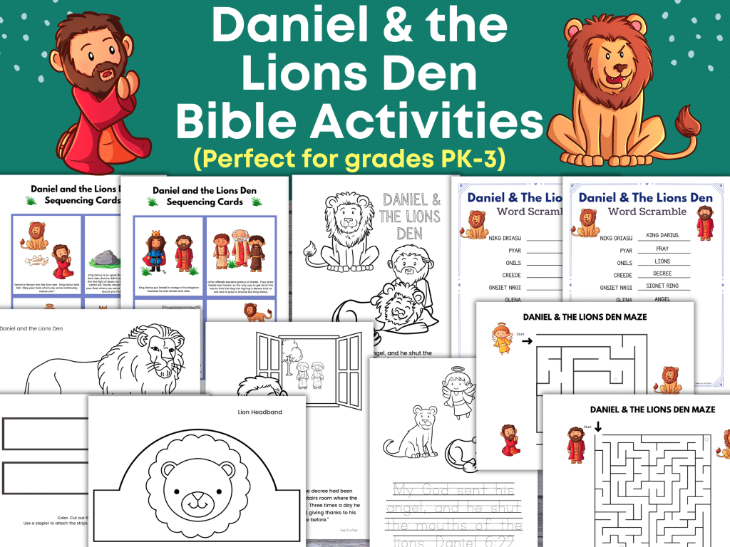 Daniel and the Lions den activity pack on Etsy includes mazes, crafts, sequencing cards, word scramble and more