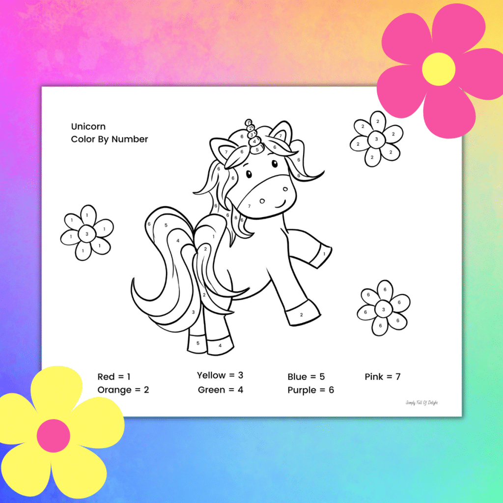 Unicorn Color by Number:  a Unicorn prancing with some simple flowers surrounding it.  