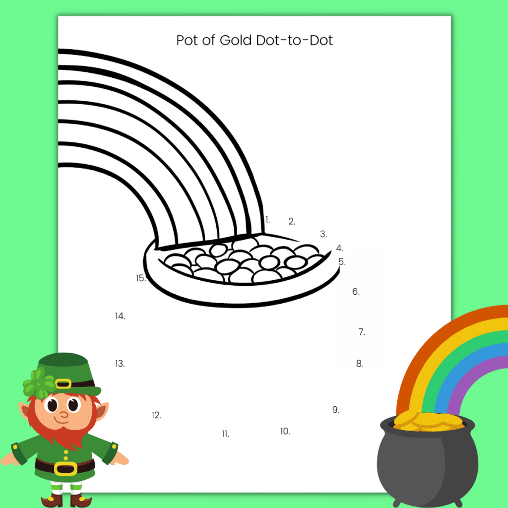 Pot of gold connect the dots page for St. Patrick's Day.