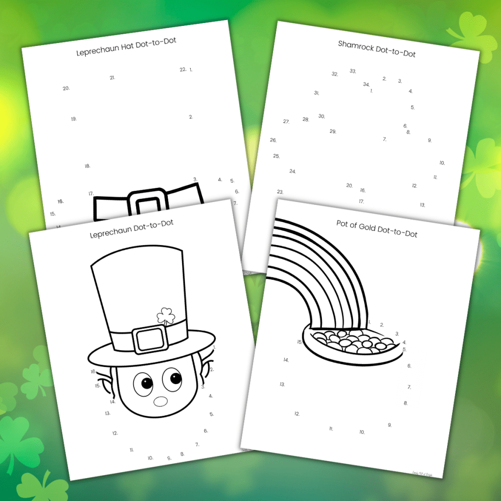 St. Patrick's Day Connect the dots pages free printable including a leprechaun, pot of gold, leprechaun hat, and shamrock.