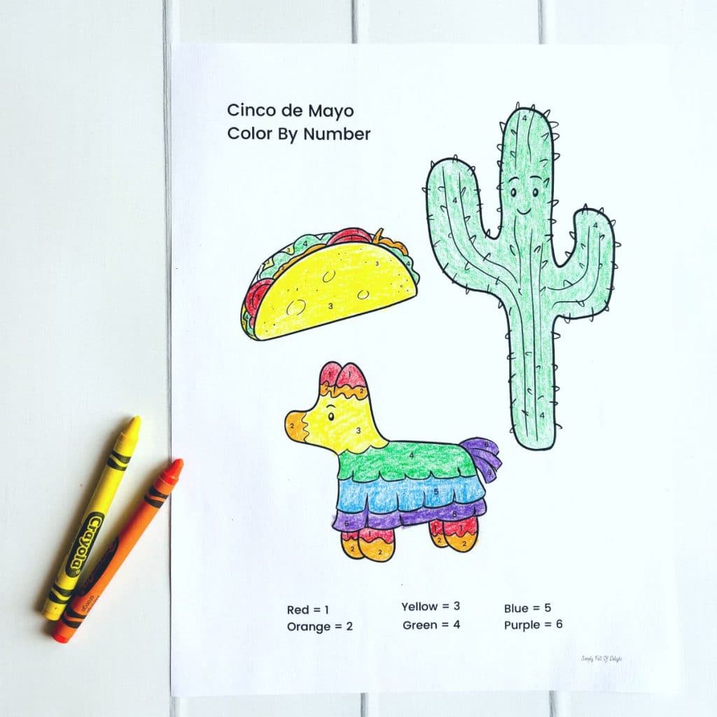 Taco, cactus and Piñata Color By Number Worksheet