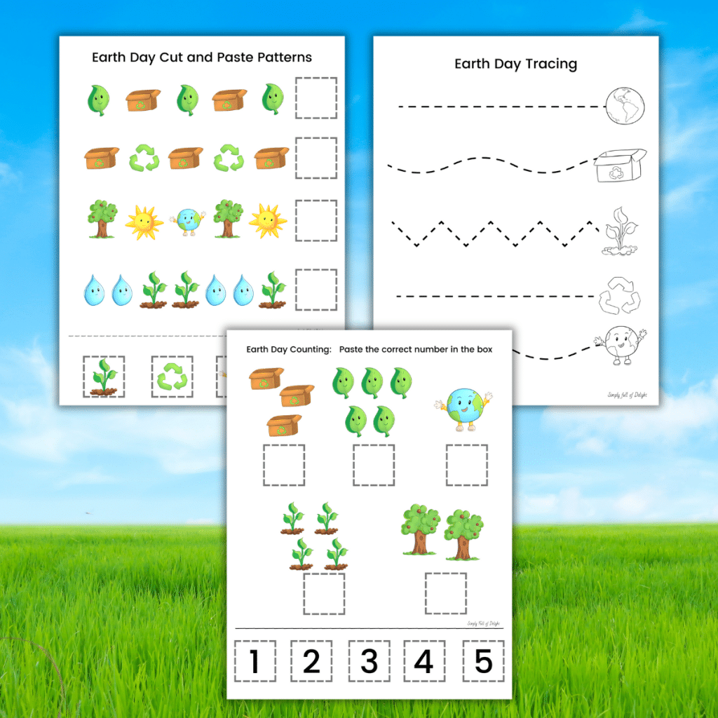 Free Earth Day Worksheet Preschool Printable Fun Pack including tracing, counting, and patterns.