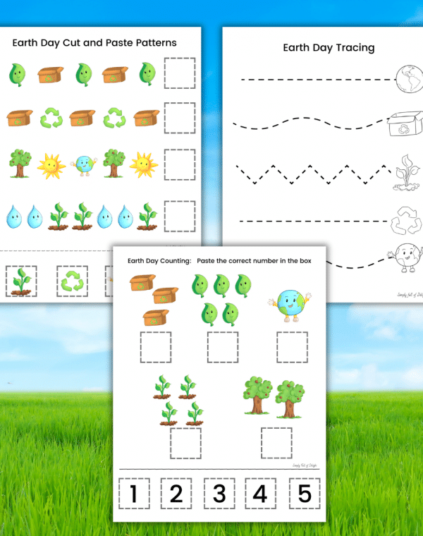 Free Earth Day Worksheet Preschool Printable Fun Pack including tracing, counting, and patterns.