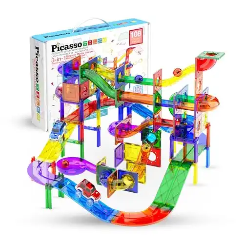 PicassoTiles 108pc 3-in-1 Marble Run Car Race Track Combo