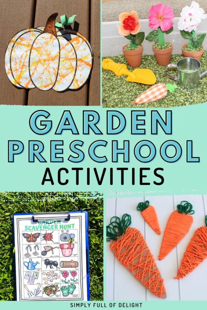 garden preschool activities including marble paint pumpkin, garden sensory bin, garden scavenger hunt, and yarn carrots