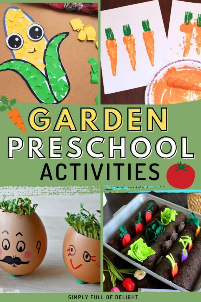 garden preschool activities including torn paper corn craft, carrot stamping, cress heads, and garden pretend play.