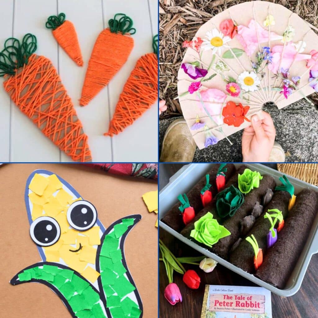 gardening activities for kids - yarn carrot, flower rainbow, paper corn craft, garden pretend play