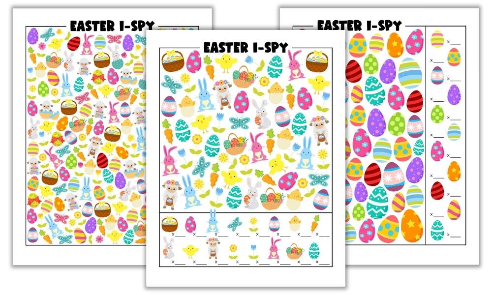3 Free Printable Easter I Spy Activity Sheets by The Craft-at-Home Family.