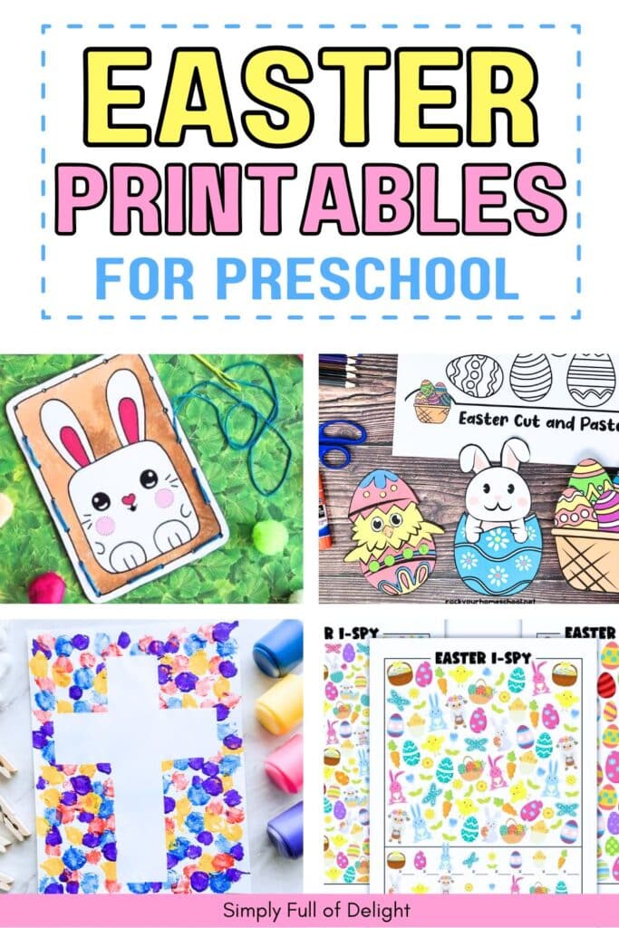Easter Printable Activities for Preschool  - Easter lacing cards, Cut and paste Easter crafts, Cross craft, and Easter I spy pages