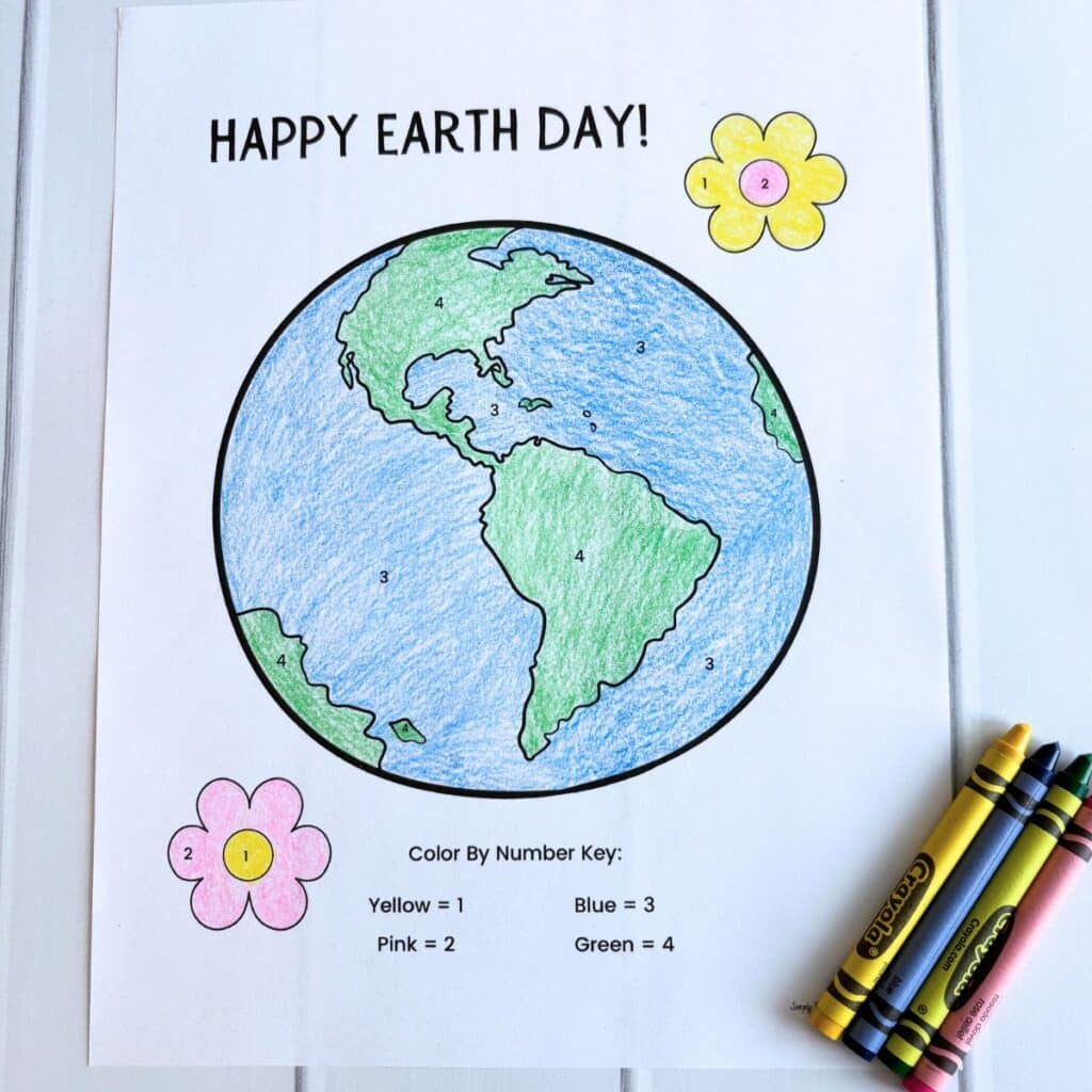 Happy Earth Day! Color by number page colored  with crayons
