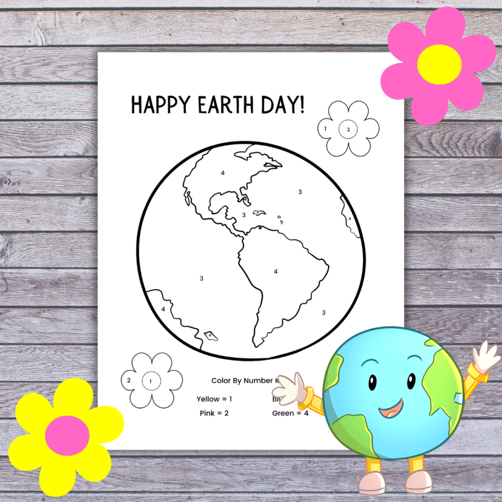 Happy Earth Day Color by Number worksheet featuring earth and flowers