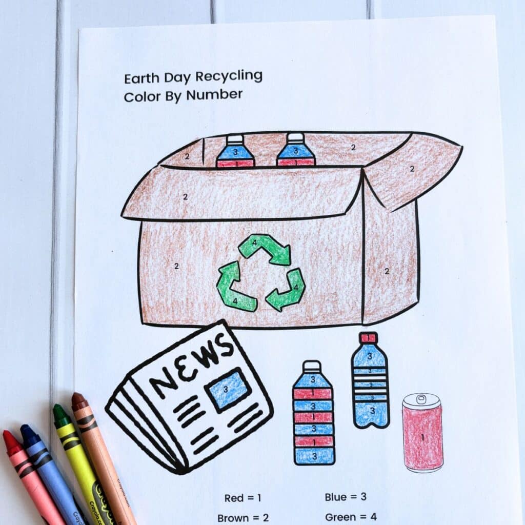 recycling box with recycling items - newpaper, bottles, cans, on a  Earth Day Color by Number printable