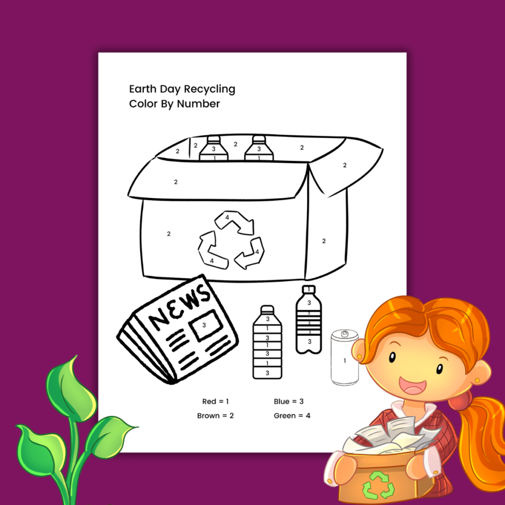 Coloring page featuring recycling box with recycling items - newpaper, bottles, cans, on a  Earth Day Color by Number printable
