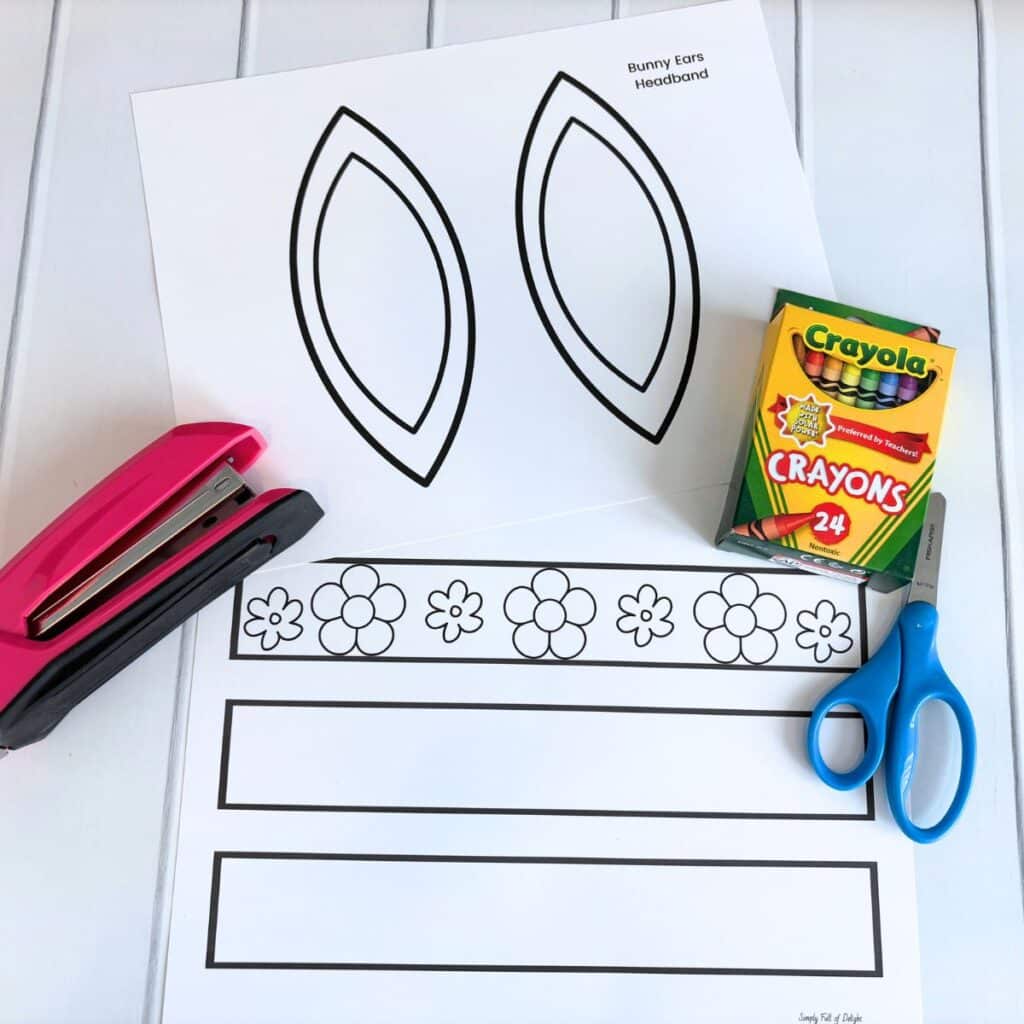 Easter bunny ears headband supplies - free printable bunny ears template, crayons, scissors, stapler