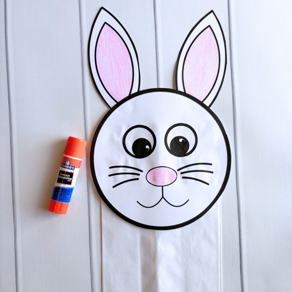 bunny puppet assembled with glue stick