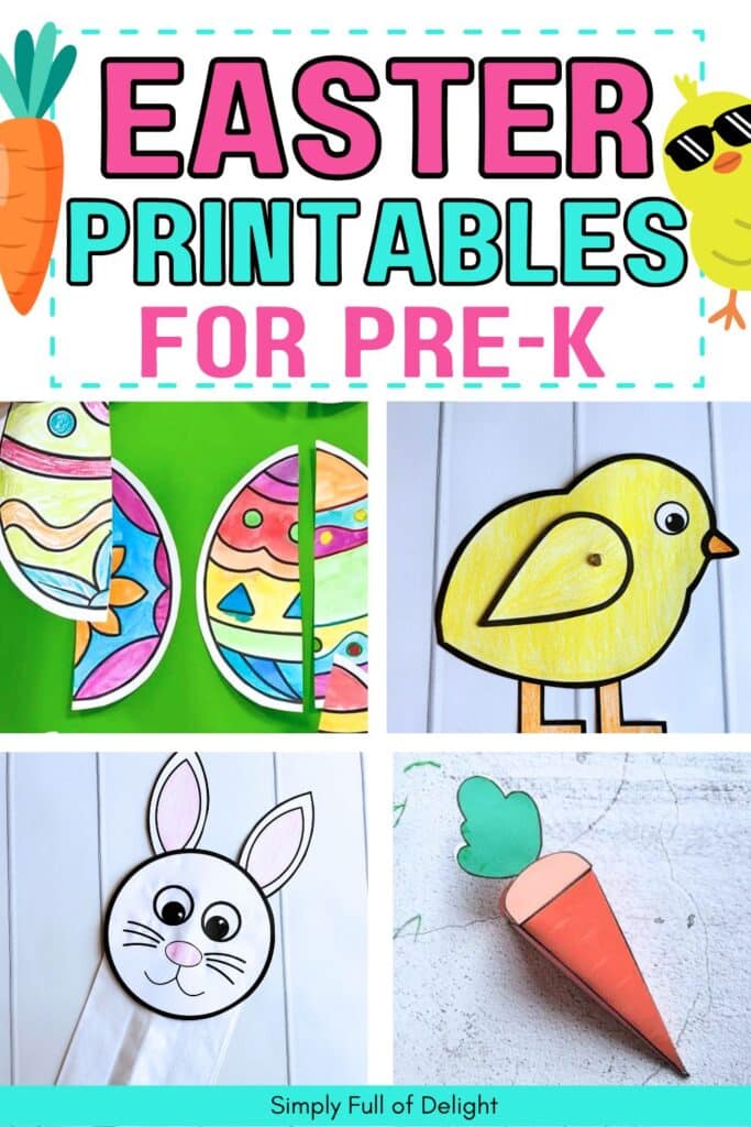 Easter Printable Activities for Preschool - paper chick craft, paper bag puppet bunny, paper carrot 3d, matching egg game.