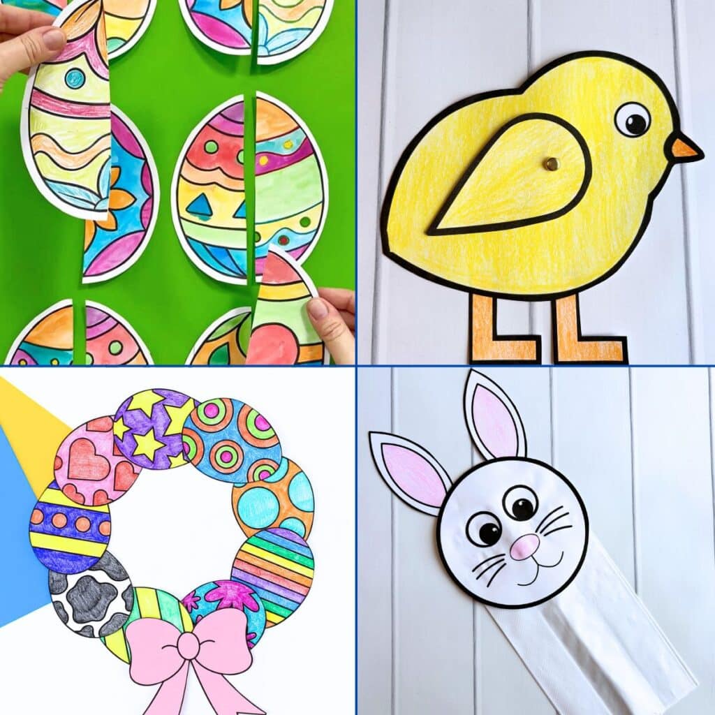Easter Printable Activities for Preschool - paper chick craft, paper bag puppet bunny, paper egg wreath, matching egg game.