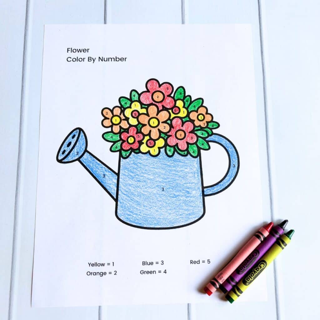 Watering Can Flower Bouquet Color by Number worksheet - colored