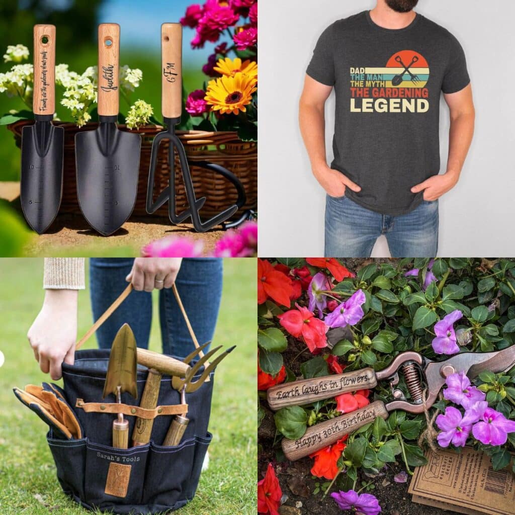 gardening gifts for dad - personalized garden tools, The Gardening Legend tshirt, personalized tote for gardening, and custom pruner.
